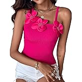 Women's Summer Tank Tops with 3D Floral Beaded Knit Ribbed U-Neck Tank Tops Sleeveless Casual Slim Fit Cami Shirts