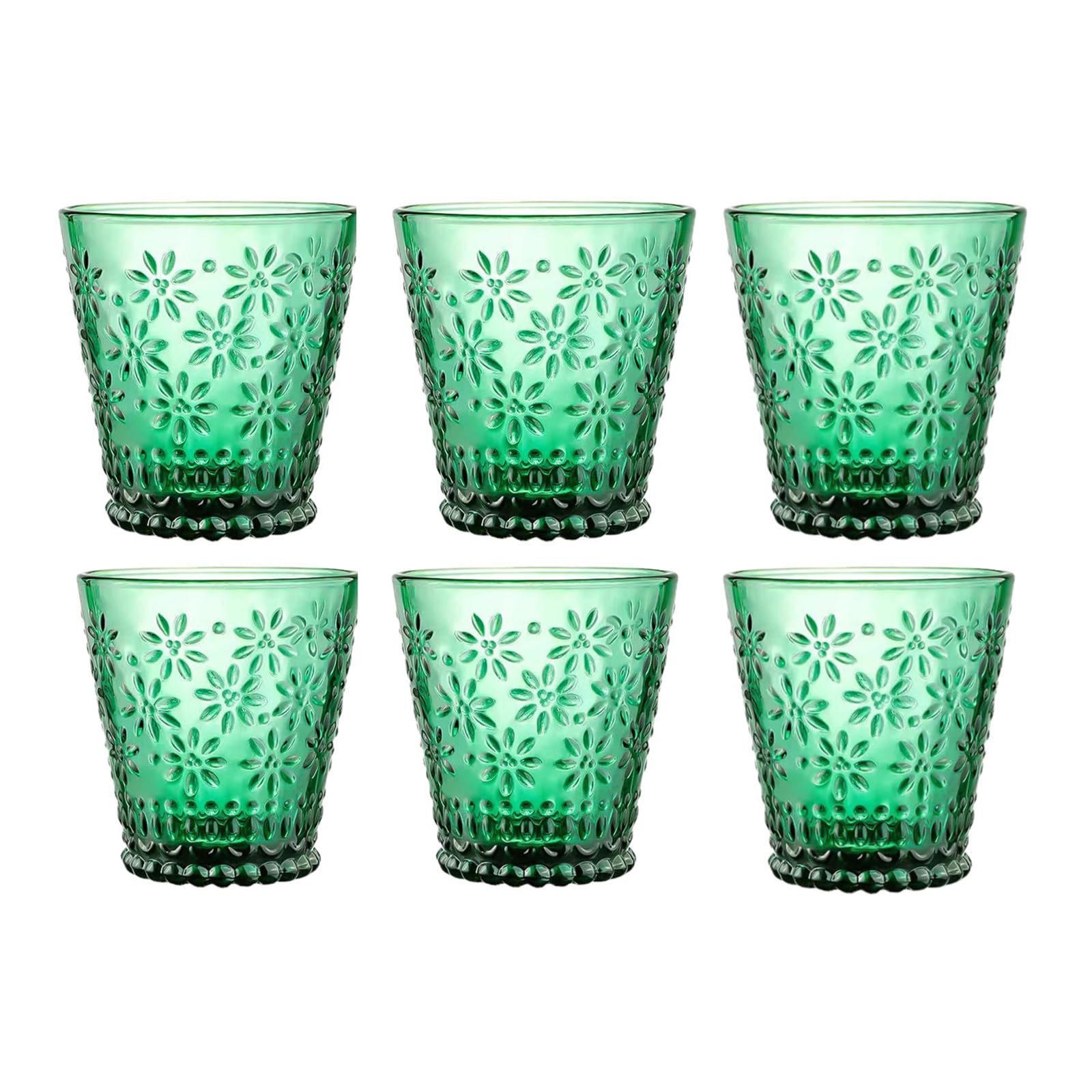 soulnioi Set of 6PC Green Coloured Water Glasses, Embossed Flower Drinking Glass for Tea Juice Beverages