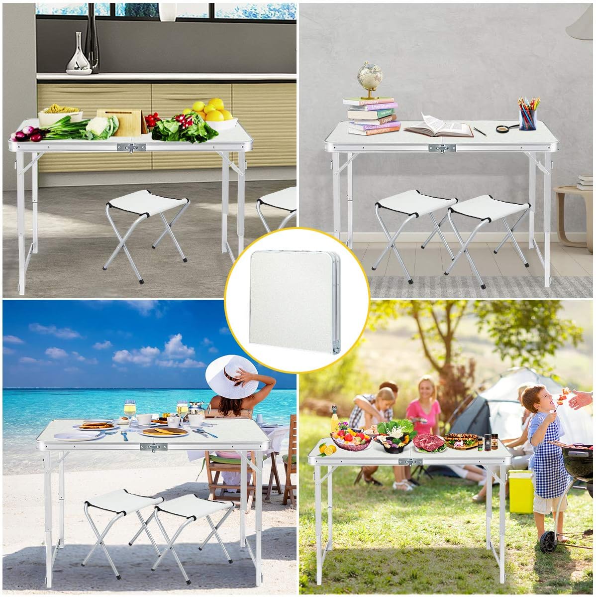 TOOCA Folding Table 4ft Aluminum Folding Camping Table Portable Picnic Table with 2 Chairs, Heights Adjustable Legs Collapsible Table for Indoor Outdoor, Picnic, Camping, Party and BBQ : Garden & Outdoor