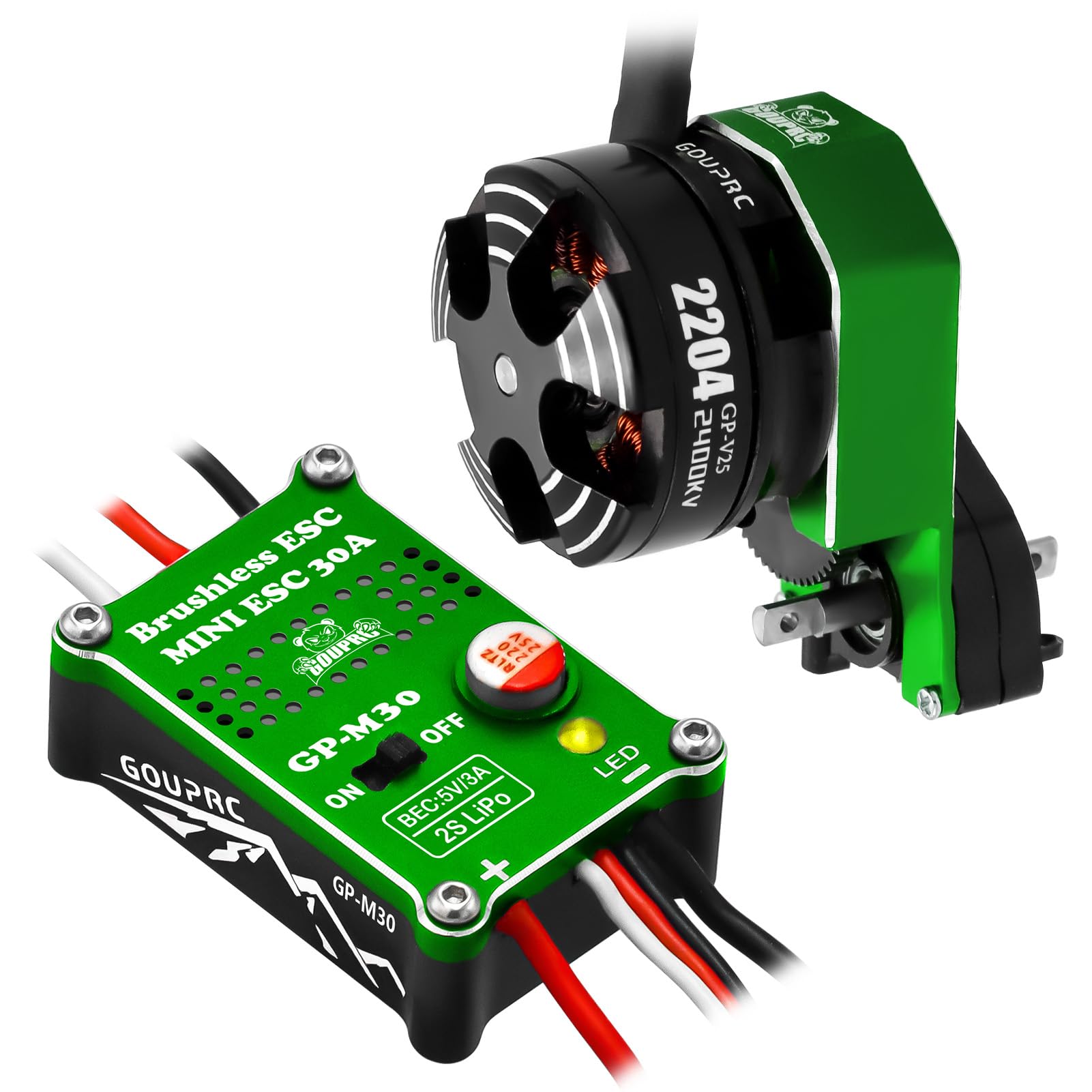 Photo 1 of GOUPRC 2204 2400KV Brushless Outrunner Motor with Transmission & 30A Brushless Mini Esc for SCX24 Remote Control Crawler Axial 1/24 Black Green