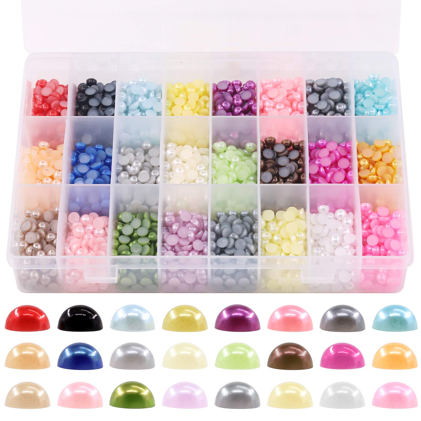 Glarks 2880Pcs 6MM 24 Colors Beads Flat Back Half Round Pearl Bead Cabochon Pearl Flatback Beads Set