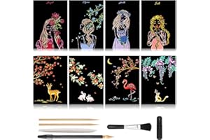 MIASTAR Scratch Art Paper, Rainbow Night View Scratchboard for Adults & Kids, Mini Envelope Postcard Art & Crafts Set: 8 Sheets Scratch Cards & Scratch Drawing Pen, Brush 7.9"x5.5" (Artistic Girl & Animal)