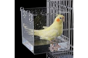 Xxmbbjy Hanging Cube Bird Bath Cage, Transparent Bird Bathtub Bath Shower with Stainless Steel Hooks for Small Bird Canary Parakeet Budgerigar Parrots Crested Myna Cockatiel Lovebird (Large)