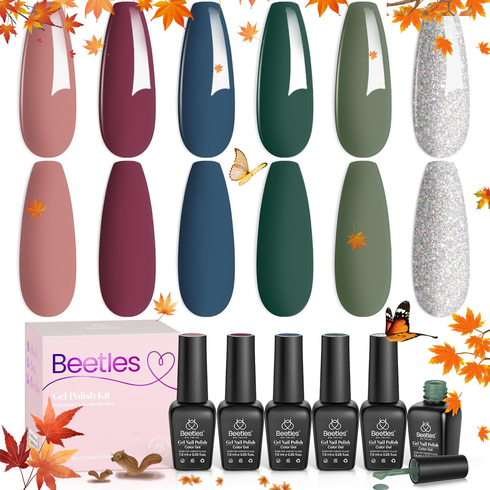 Beetles Gel Nail Polish Set 6 Colors Nude Green Blue Burgundy Purple Gel Nail Polish Kit Glitter Gel Nail Polish Soak Off Uv Lamp Salon Nail Art Design for Women - Image 8