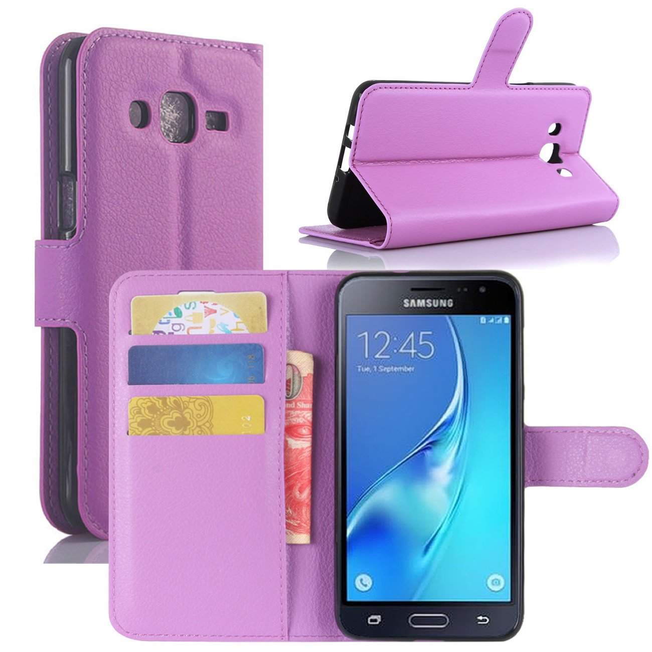 HualuBro Samsung Galaxy J3 2016 Case, Premium PU Leather Wallet Flip Phone Protective Cases Covers with Card Slots for Samsung Galaxy J3 2016 / J3 2015 / J310 Smartphone (Purple)