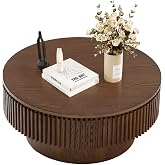 LKTART Walnut Round Fluted Coffee Table with Storage for Living Room | 31.5" Modern Drum Accent Table with Pedestal Base, Mid Century Wood Circle Circular Center Tables for Small Space Apartment