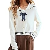 LAI MENG FIVE CATS Women's Sailor Collar Long Sleeve V-Neck Stripe Button Knit Top Shirt Blouse Sweater