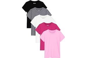 JORHIG 5 Pack Girls Shirts Girls Athletic Short Sleeve Shirts Dry-Fit Summer T-Shirts Crew Neck Athletic Tops Shirt for Girls