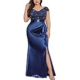 MISSMAY Women's Plus Size V Neck Sequin Lace with Satin Ruffle Trim Slit Mermaid Hem Evening Party Fomal Dress