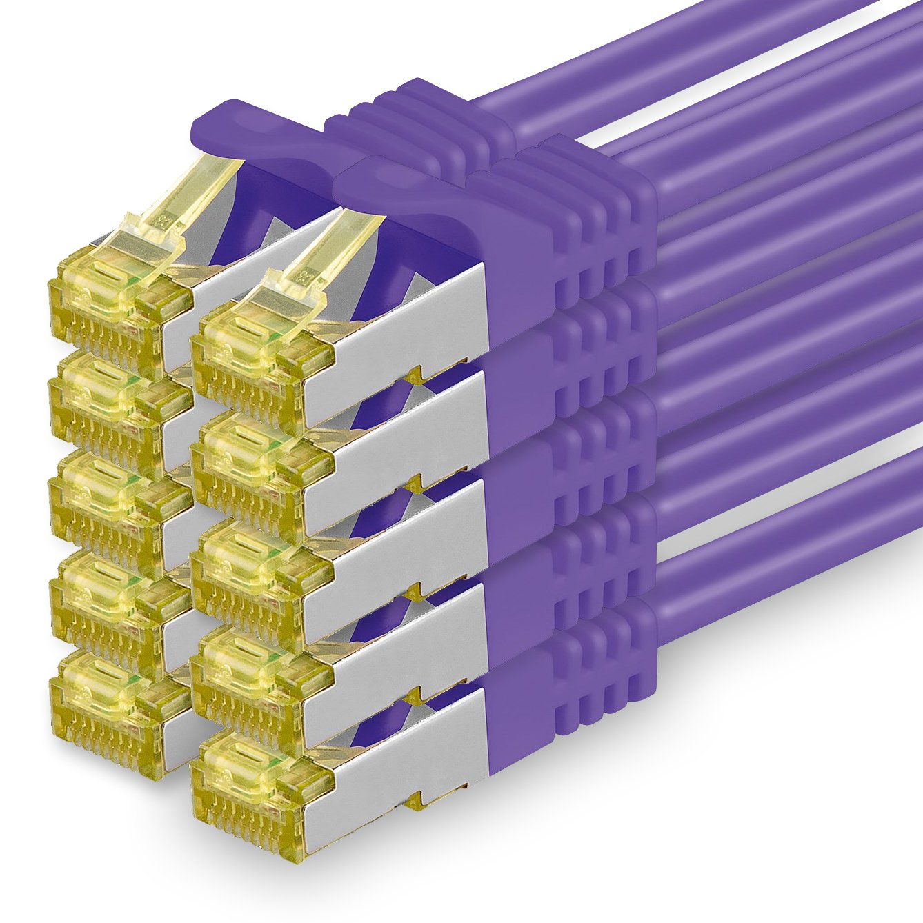 Cat.7 Patch Cable Set, S/FTP (PiMF) Ethernet LAN Network Cables, 10 Gigabits/10000 Mbps – High Speed – 600 MHz with Locking Protection, Halogen-Free (LSZH) Violet - 10 pièces 0,5m