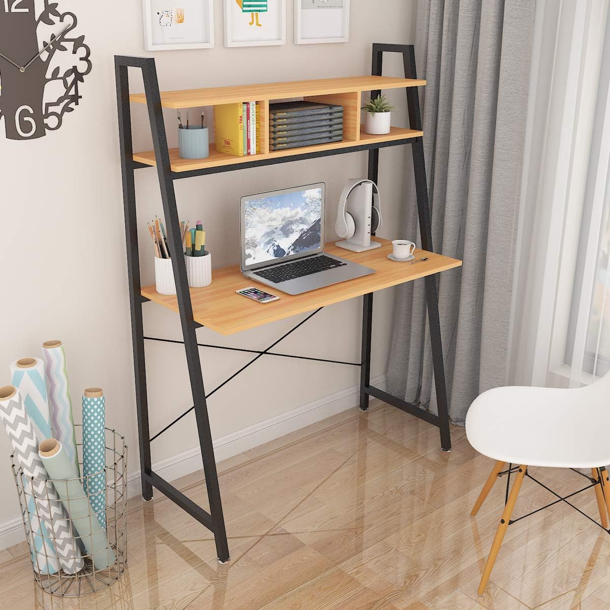 Vanimeu Computer PC Desk Table with Storage Shelves for Home Office Workstation Writing Desk Oak