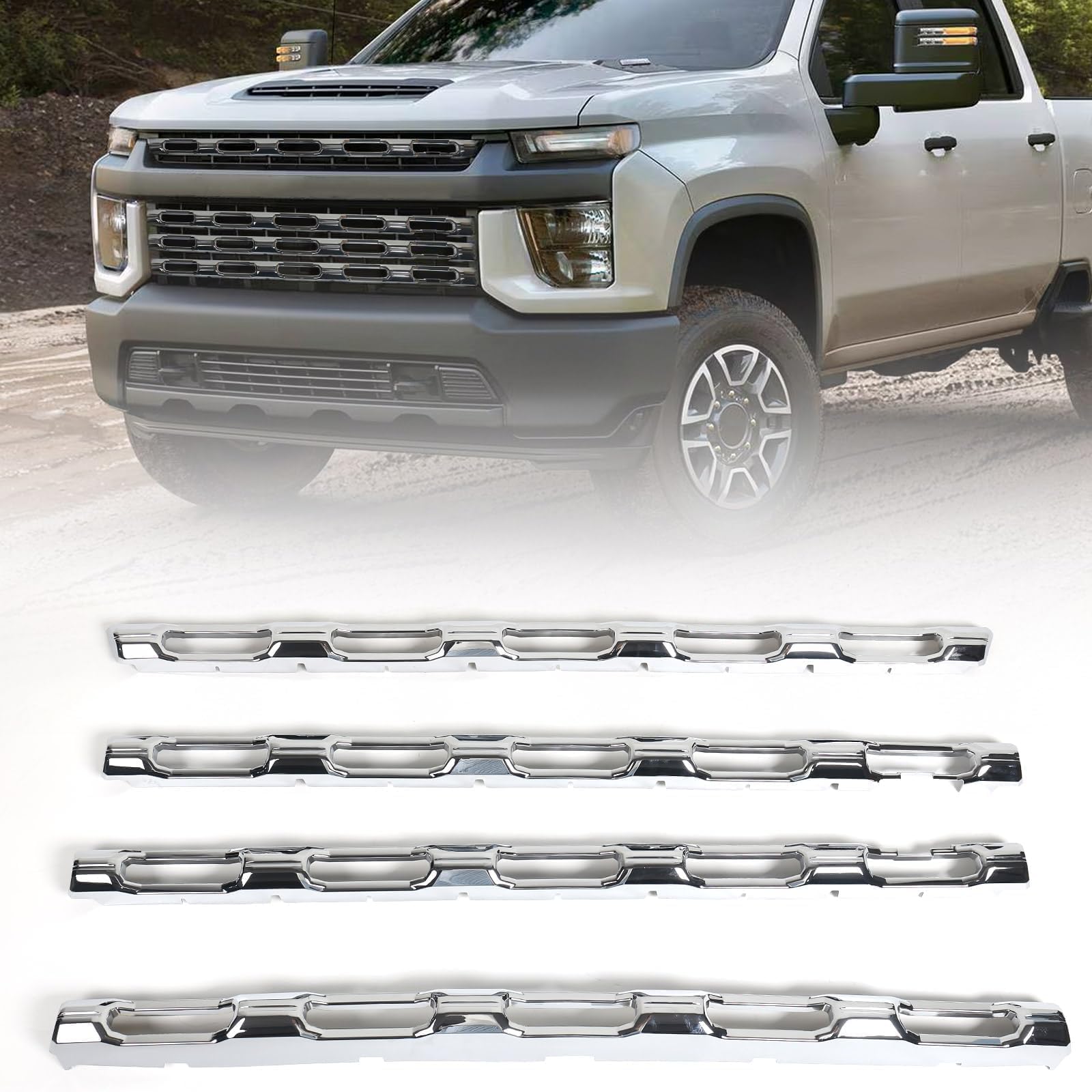 Photo 1 of JOLONG Grille Insert for Chevy Silverado 2020-2023 2500 3500 HD Truck Grill Overlay Trim Compatible with the LT, WT and Custom trim models 4Pcs (Silvery)