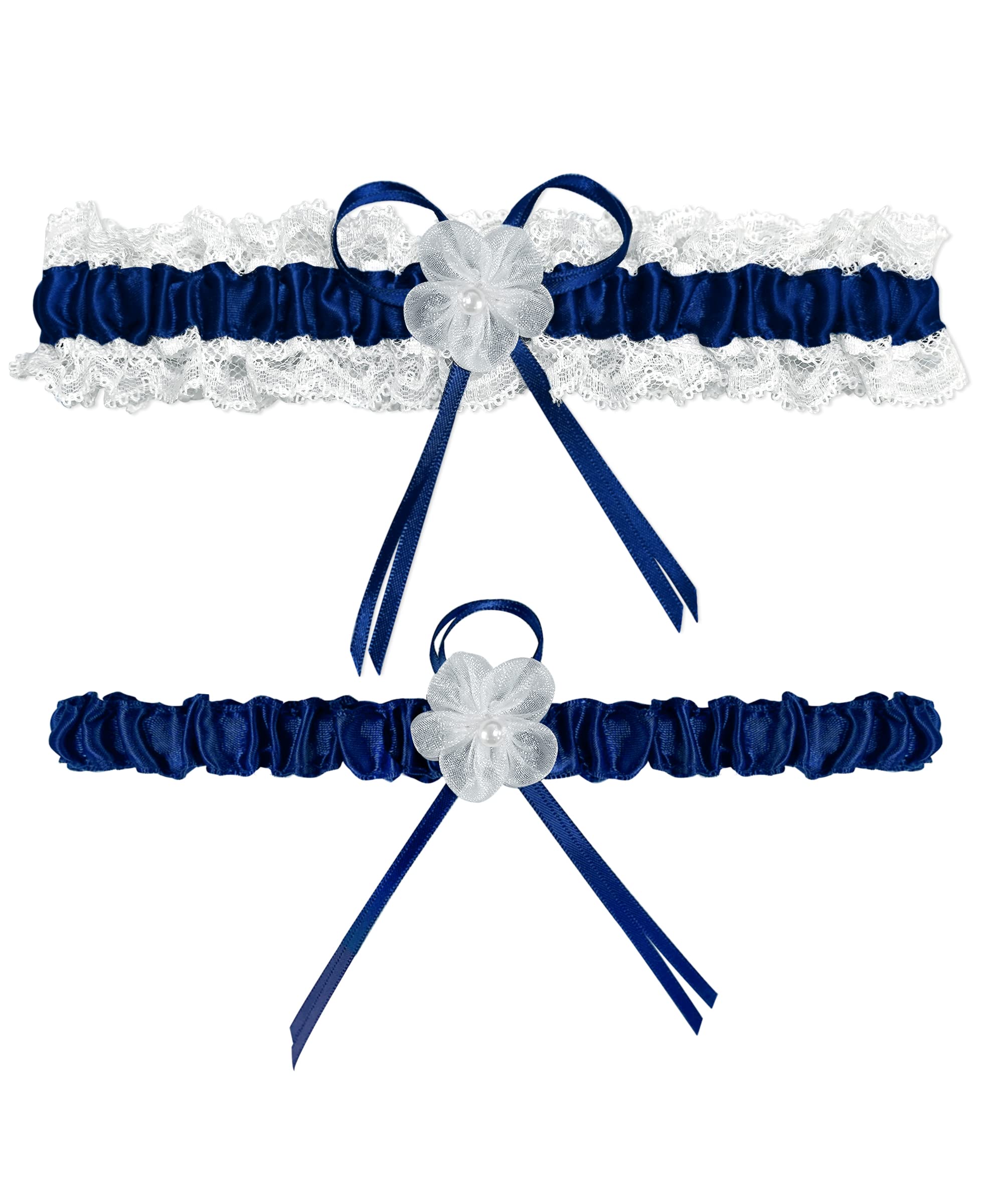 RIMOBUL 2 Pieces Wedding Garters Lace Bridal Garter Faux Pearls Garter for Bride with Toss Away (Royal Blue)