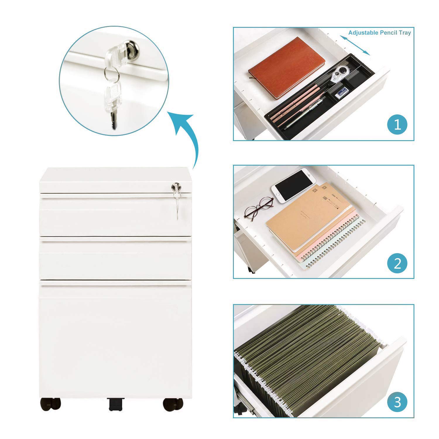 DEVAISE 3 Drawer Locking Mobile File for Home Office, Fully