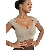 ODODOS Ruched Front Crop Tank for Women V-Neck Cut Out Back Cap Sleeve Cropped Tops