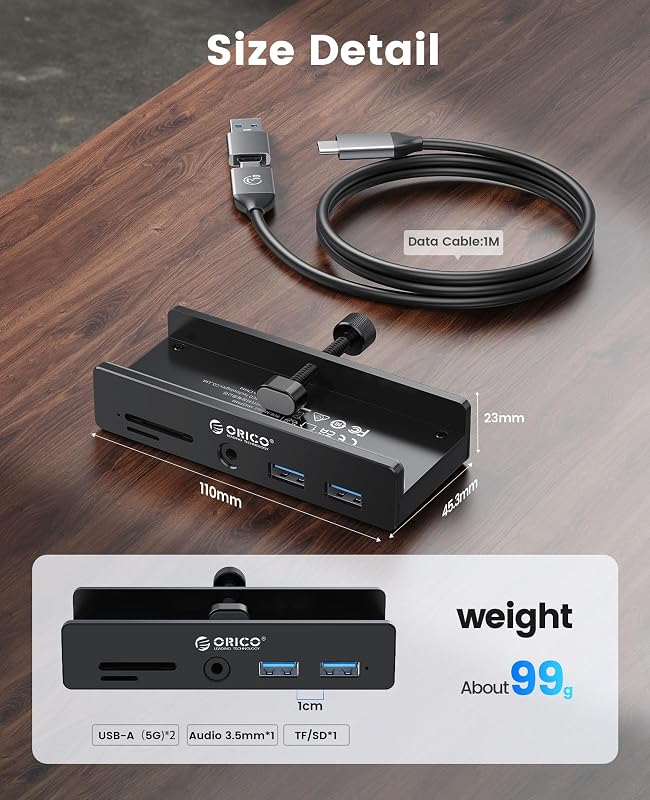 Hub USB 3.0, Hub USB a pinza con lettore di schede SD/TF, Splitter USB con 2 porte USB-A 3.0, audio da 3,5 mm, 5 Gbps, collegamento alimentazione 5V, per monitor, desktop