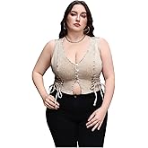 OYOANGLE Women's Plus Size Vintage Lace Up Denim Vest Top Button Front V Neck Jean Tank Tops