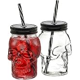 Godinger Skull Mason Jar Mug Tumbler Glass Cups with Cover and Straw, Halloween Decor, Drinking Glasses - 16oz - Set of 2