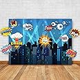 Superheroes Theme Party Photography Backdrop with Prop, Flag & Mask. Super Hero Cityscape Photo Booth Background for Kids Party, Birthday Wall Decorations