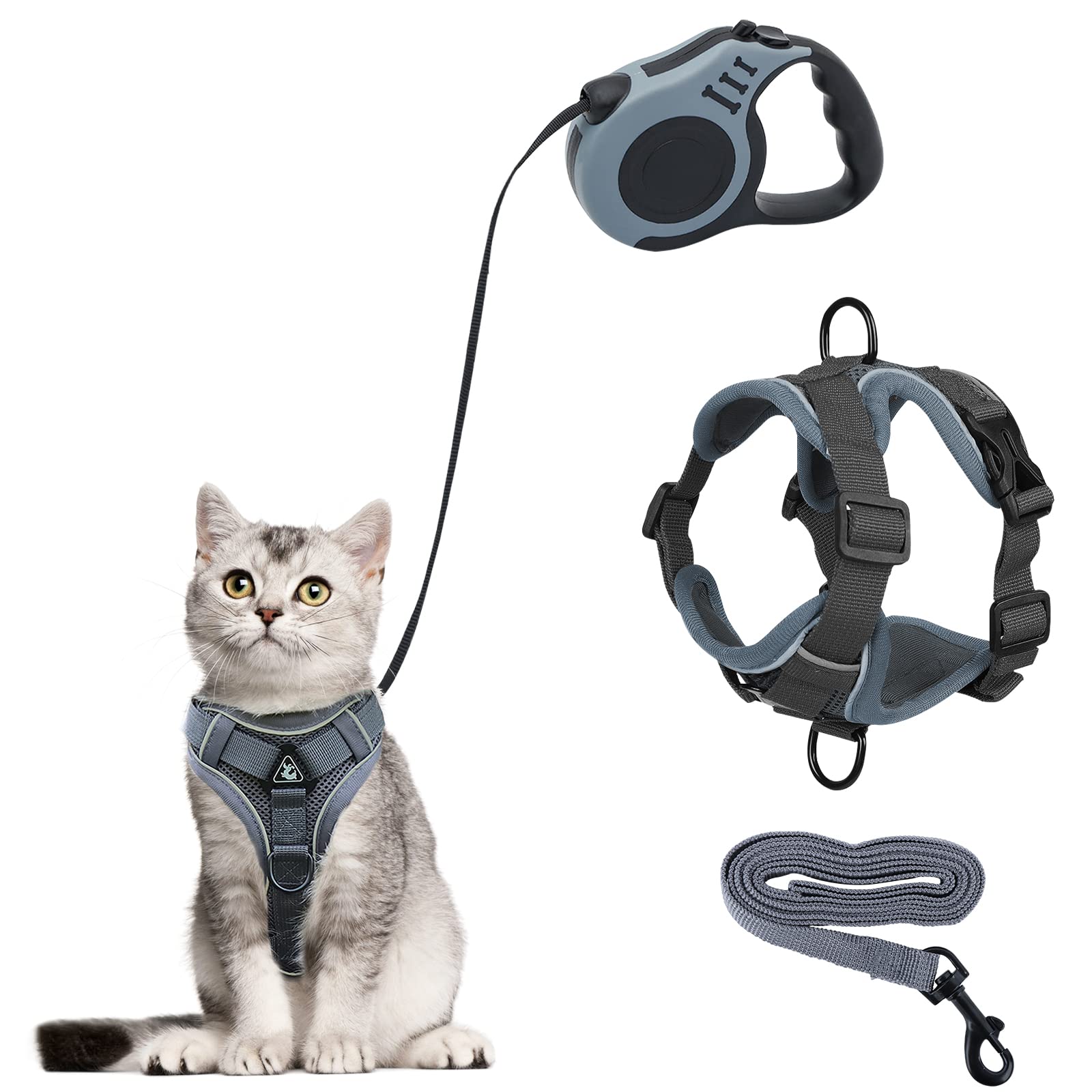 Cat Harness and Lead Set, Escape-Proof Kitten Harness with Retractable Cat Lead, 5m/16.4 Ft Automatic Extendable Cat Leash for Dogs Puppy Pets Walking (gray, M)