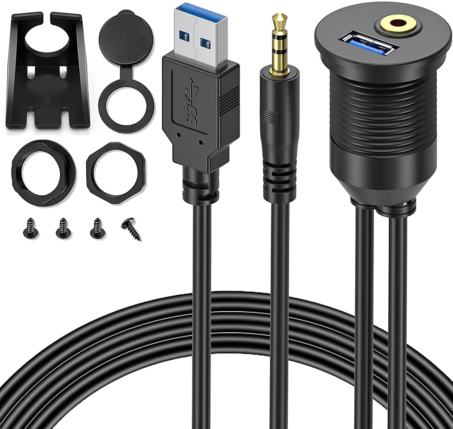 NAERSI ® USB 3.0 and HDMI Male to Female Round Car Flush Mount Cable Extension Mount Panel Mount Dash Mount Waterproof For Car Vehicle Truck Boat Yacht Bike Motorcycle (1 Meter)