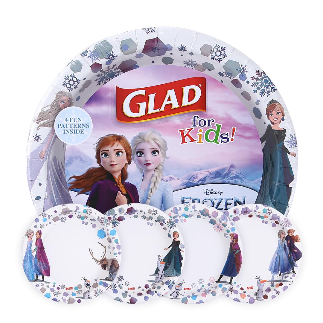 Photo 1 of Glad for Kids Disney Frozen Disposable Paper Plates, Anna and Elsa - Heavy Duty, Soak Proof, Microwavable, Kid-Friendly Snack Plates for Everyday Use, 8.5 Inch, 40 Count