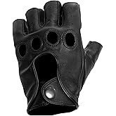 Barcelona Men’s Leather Driving Gloves (Shorty) Breathable Fingerless and Open-Knuckle with Snap Closure (Unlined) Black