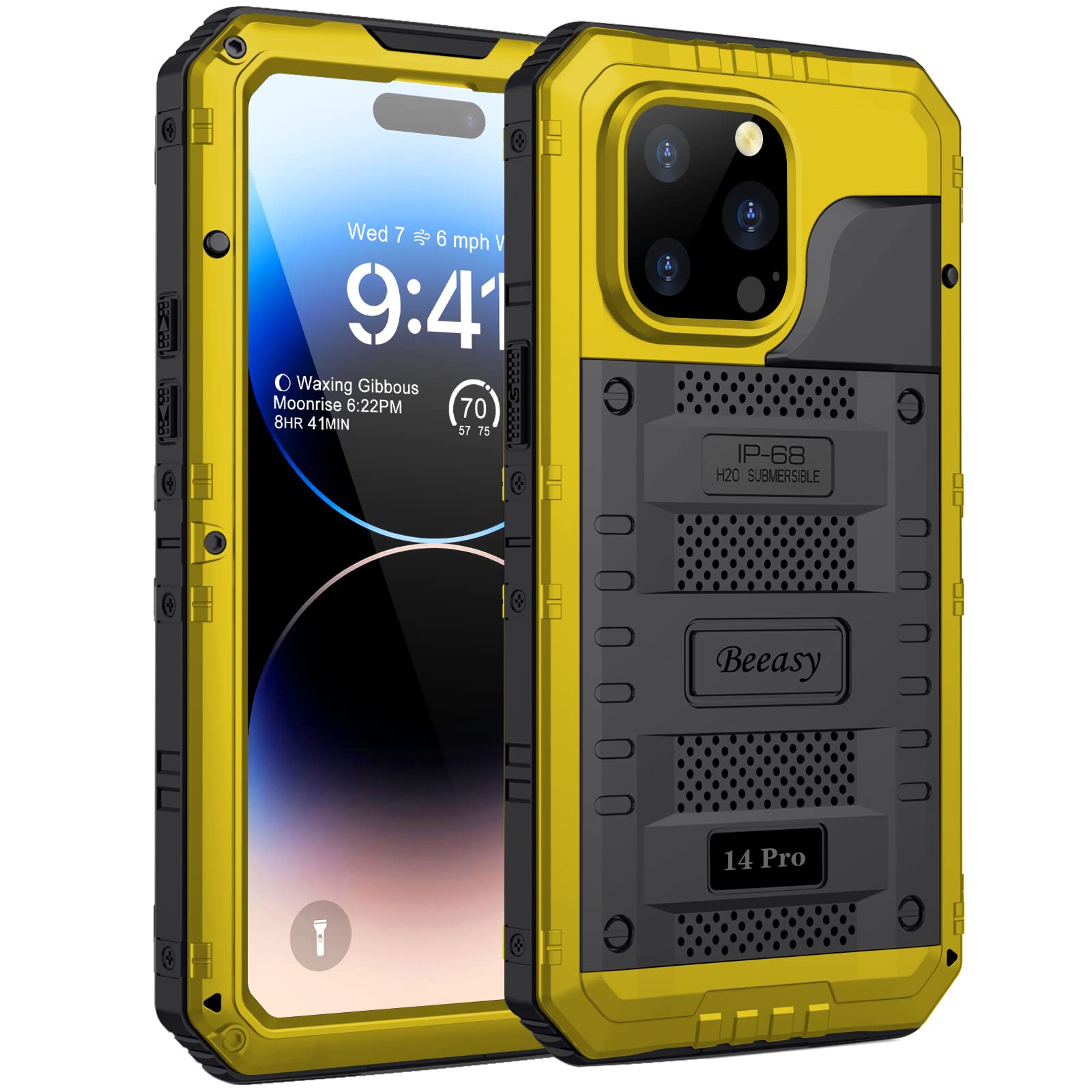 Beeasy for iPhone 14 Pro Case Waterproof Heavy Duty Shockproof Tough Metal Armour Cover Dustproof Built-in Screen Protector, 360 Full Body Military Protective Rugged Case for iPhone 14 Pro Yellow