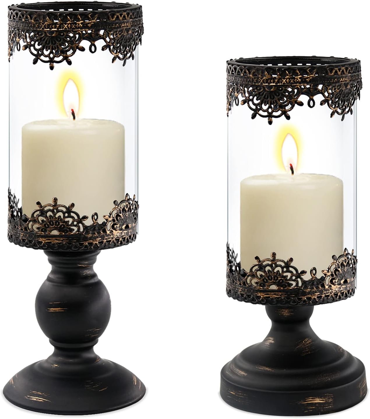 Newthinking Hurricane Candle Holders, Set of 2 Metal Pillar Candle Holders with Glass Cover for Home, Wedding, Candlelight Dinner Decoration: Kitchen & Dining