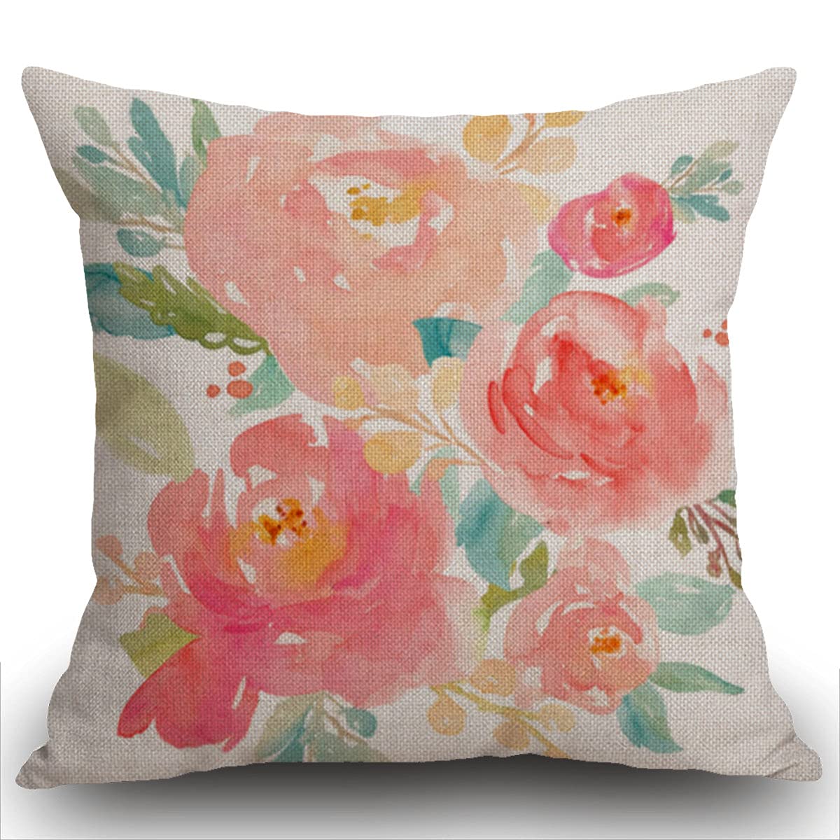 Smooffly Flower Cushion Cover Peonies Summer Bouquet Watercolor Pastel Decorative Pillow Case Throw Pillow Cover Girly Home Decor Square 18 x 18 Inch Cushion Pillowcase 45 x 45 cm