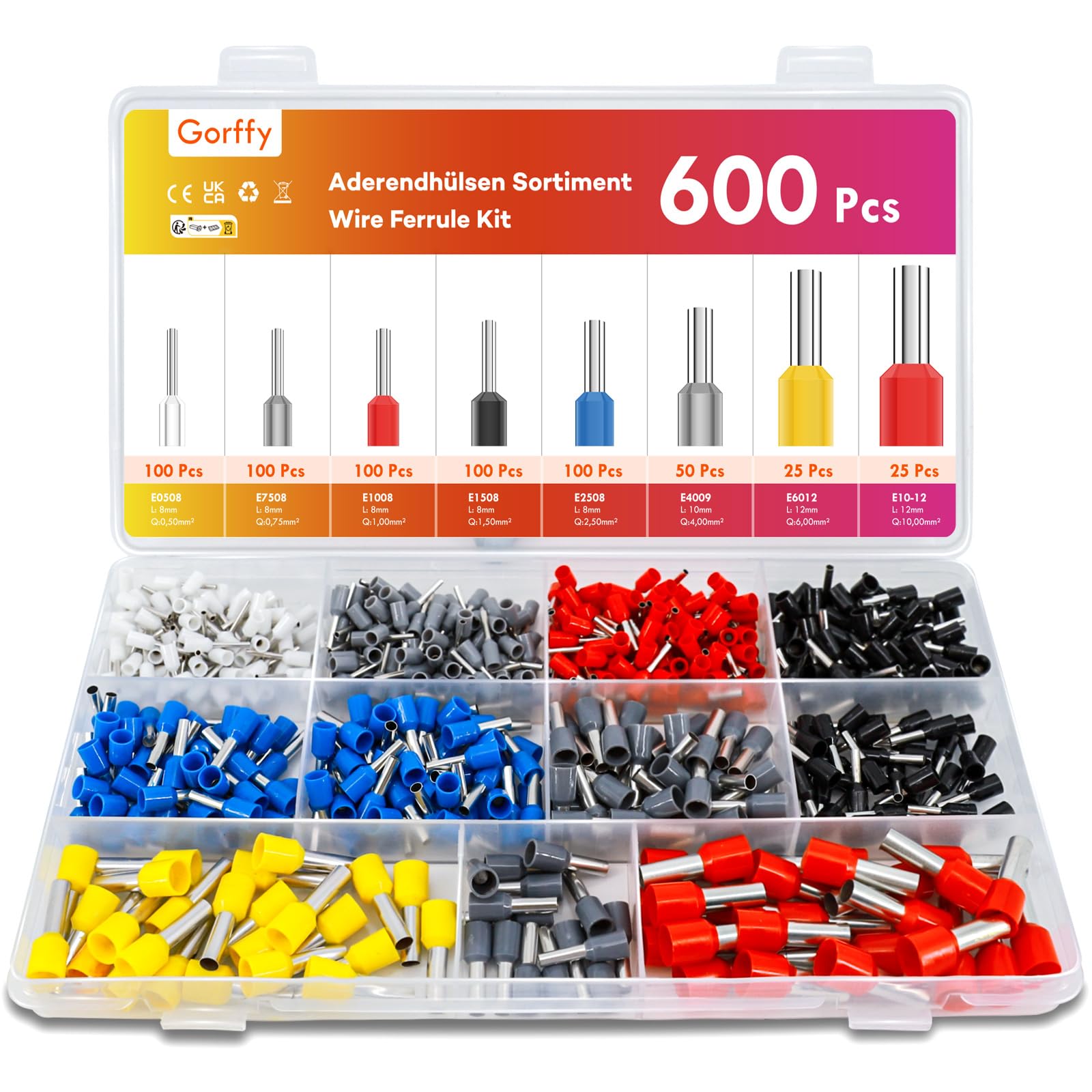 Gorffy Wire Ferrules Kit 600 Pcs, 0,5mm² - 10mm² Ferrule Crimp Connectors, Insulated Cable Ferrules Assortment, Crimp Terminals Wire Ferrule Set for Wire Connection — image 1