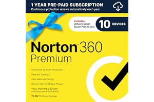 Norton 360 Premium, Antivirus software for 10 Devices with Auto-Renewal – Includes Advanced AI Scam Protection, VPN, Dark Web Monitoring & PC Cloud Backup [Download]