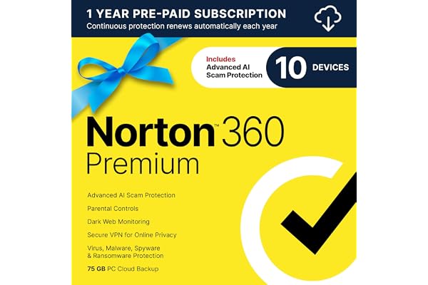 Norton 360 Premium, Antivirus software for 10 Devices with Auto-Renewal – Includes Advanced AI Scam Protection, VPN, Dark Web Monitoring & PC Cloud Backup [Download]