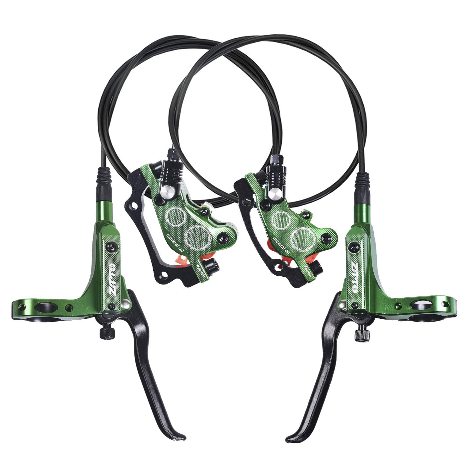 ThinkTop Bike 4 Piston Hydraulic Disc Brake, CNC Machining MTB Bicycle Oil Pressure 4 Piston Driving Brake Caliper, Left (Front) 800/Right (Rear) 1400mm (Green)