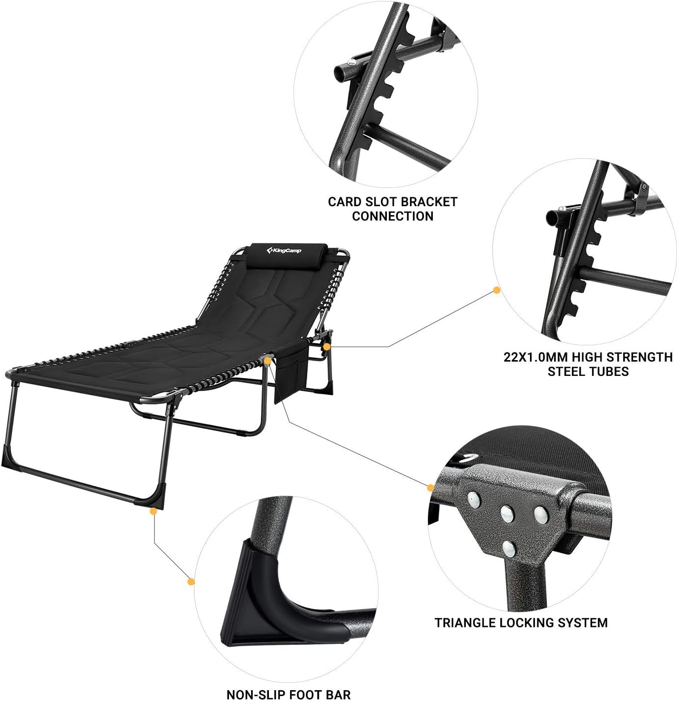 KingCamp 4-Fold Oversize Folding Chaise Lounge Chair for Outdoor, Indoor, Beach, Patio, Lawn, Heavy-Duty Adjustable Camping Recliner with Pillow, Cotton Padded, Side Pocket, Support 330lb : Garden & Outdoor