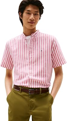 Chemise Homme Linen Blend Mao avec Col Officier, Multicolore (Vintage Rosy/White), S