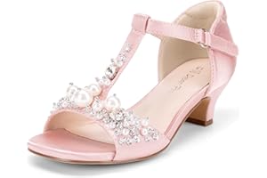 DREAM PAIRS Girls Sandals Ankle Strap T-Strap Low Heel Pearl Bow Flower Pump Dress Wedding Party Shoes for Little Kid/Big Kid