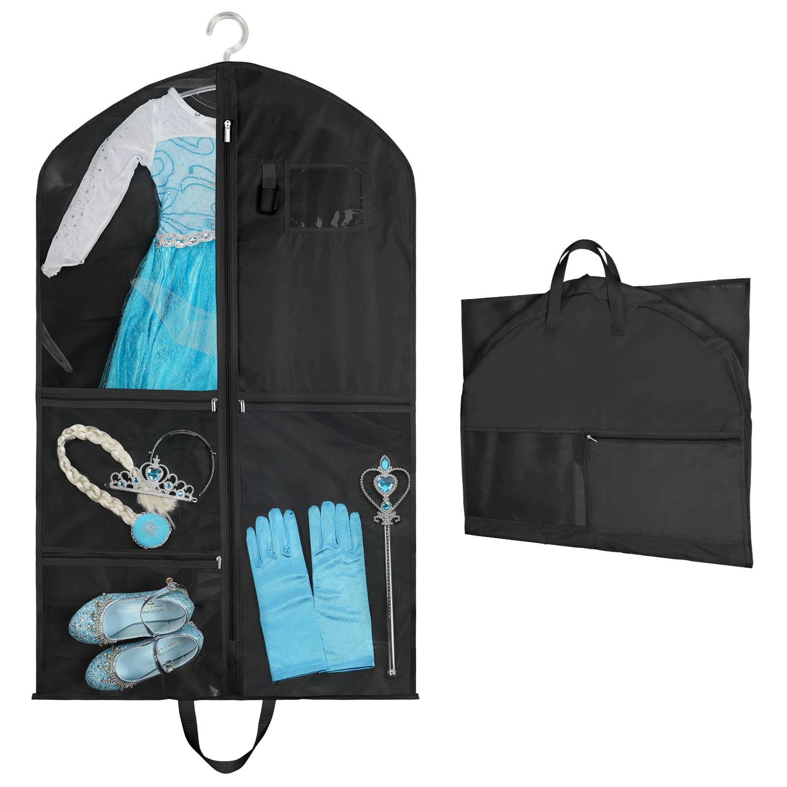 OSDUE Clothes Covers, 40 inch WaterproofHanging Garment Bags with 5 Zipper Pocket and ID Slot Pockets Foldable Kids Dance Costume Garment Bag Travel Storage Bag for Dancers Travel Competitions (Black)