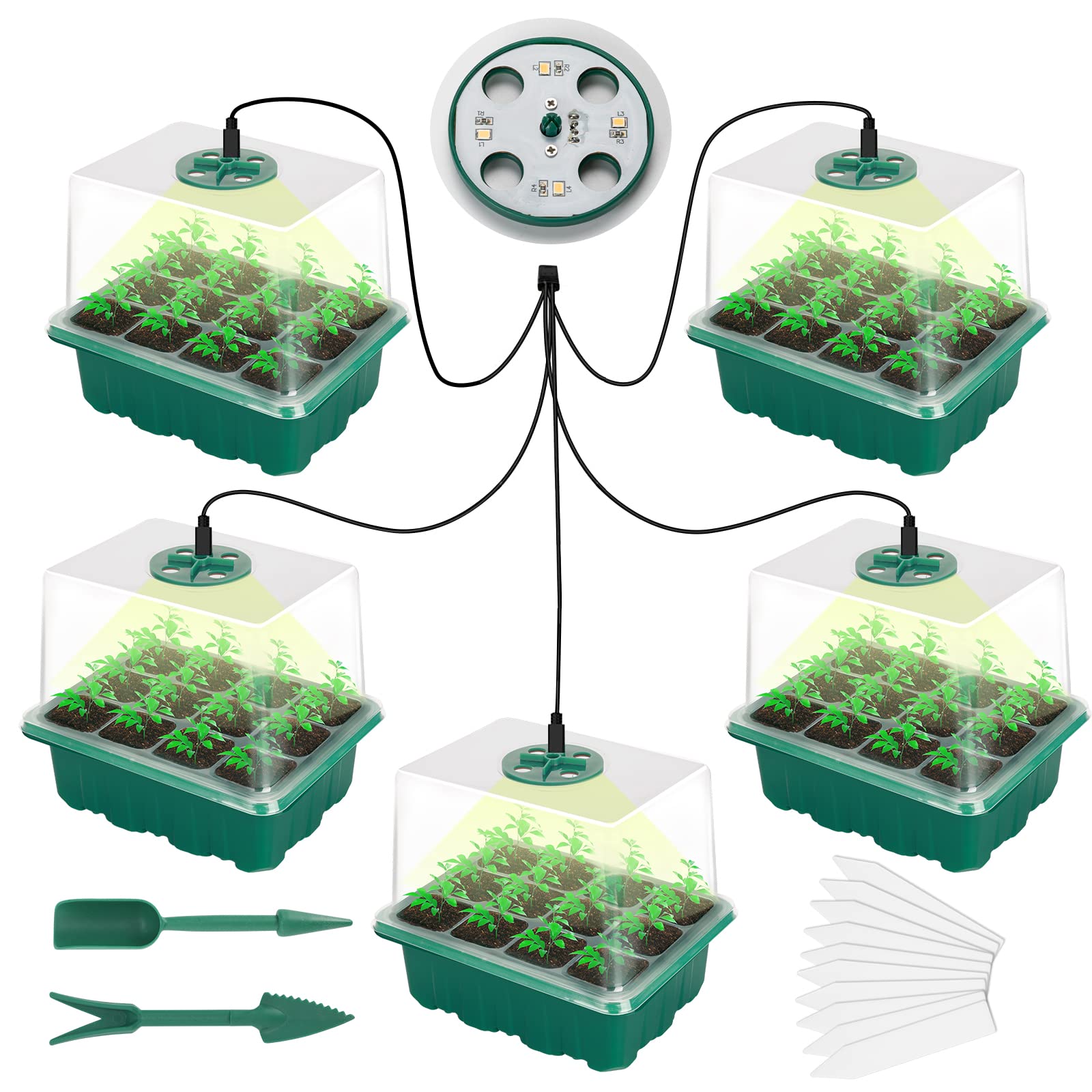 Richaa 5 Pack Seed Trays with Grow Light for Seedlings Reusable Propagators for Plants Gardening, Green With Light