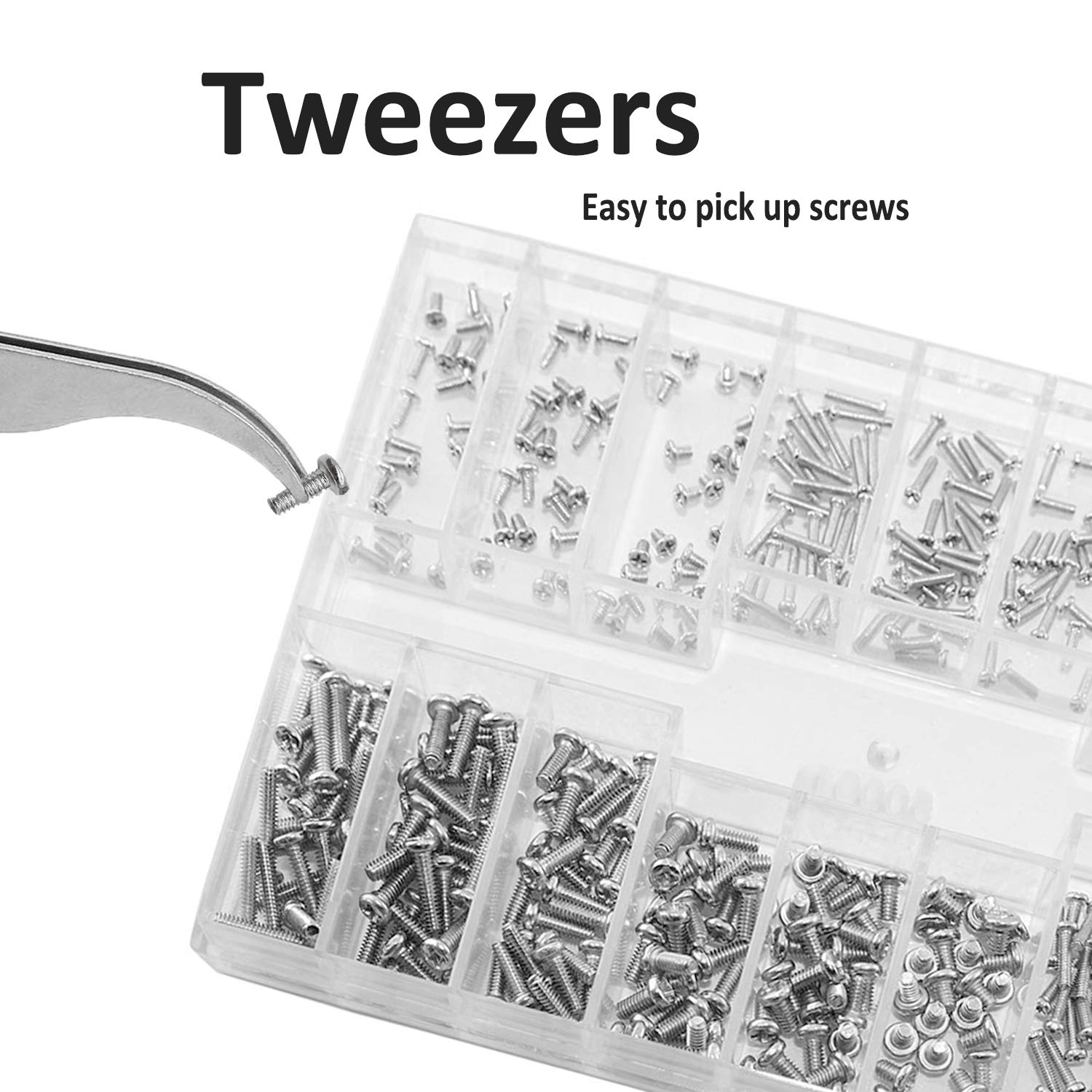 Small Screws Assortment Kit Hotetey 18 Kinds M1.2 / M1.4 / M2.0 Tiny Micro Screws Set with Tweezers and Mini 3 in 1 Screwdriver Keychain for Glasses Watches, Silver