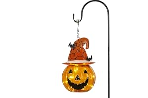 TERESA'S COLLECTIONS Halloween Decorations for Home Outdoor, 36 inch Glass Solar Lantern Stake with Yellow Fun and Spooky Pumpkin Bats, Jack O Lantern for Garden Lawn Patio Halloween Party Decorations