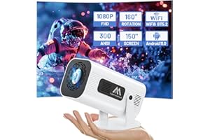 AUBOR MENTECH Mini Projector with WiFi and Bluetooth, 180°Adjustable Stand Portable Projector, Support 2.4G/5G WiFi6, 150" Smart Projector with Android TV 11.0, 1080P, Auto Keyston Outdoor/Home Theater, White