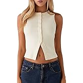 Faretumiya Women Button Down Tank Top Ribbed Summer Vest Tops Slim Fit Open Front Sleeveless Crop Shirt