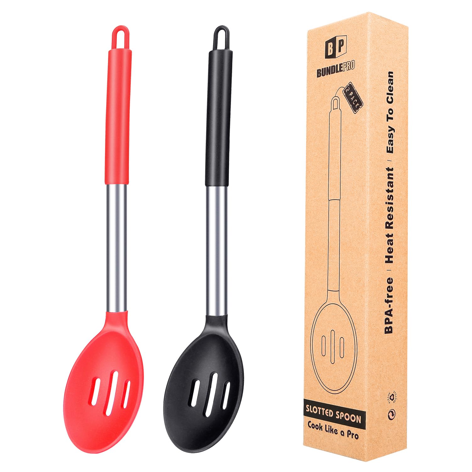Pack of 2 Large Silicone Slotted Spoon,Kitchen Skimmer with High Heat Resistant, BPA Free Non Stick Cooking Ladle Strainer for Draining & Frying (Black-Red)