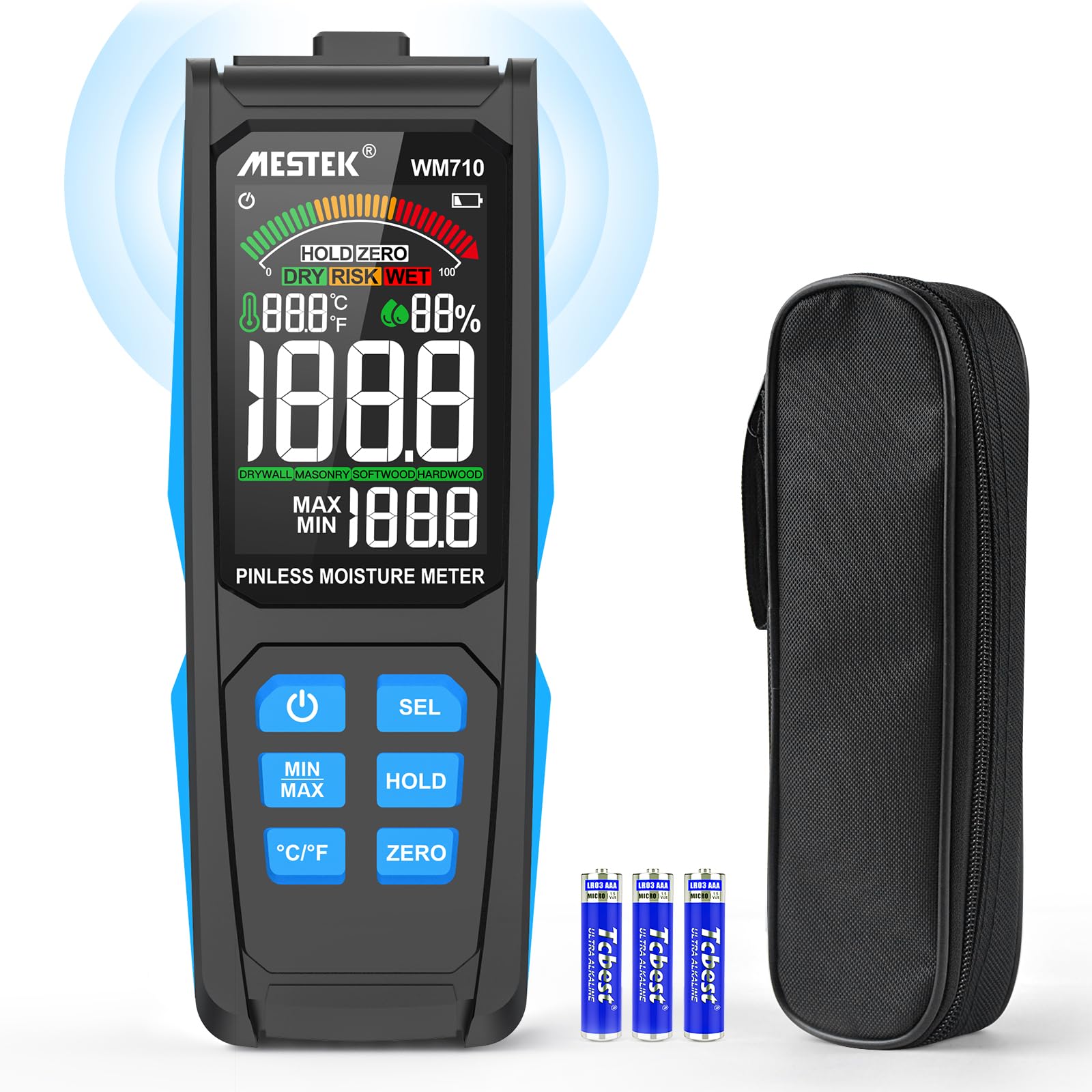 Moisture Meter MESTEK Wood Moisture Detector Pinless Non-Destructive Walls Moisture Locator Humidity Tester Digital LCD Display Alarm Backlit for Cork Masonry Softwood Hardwood Building Material