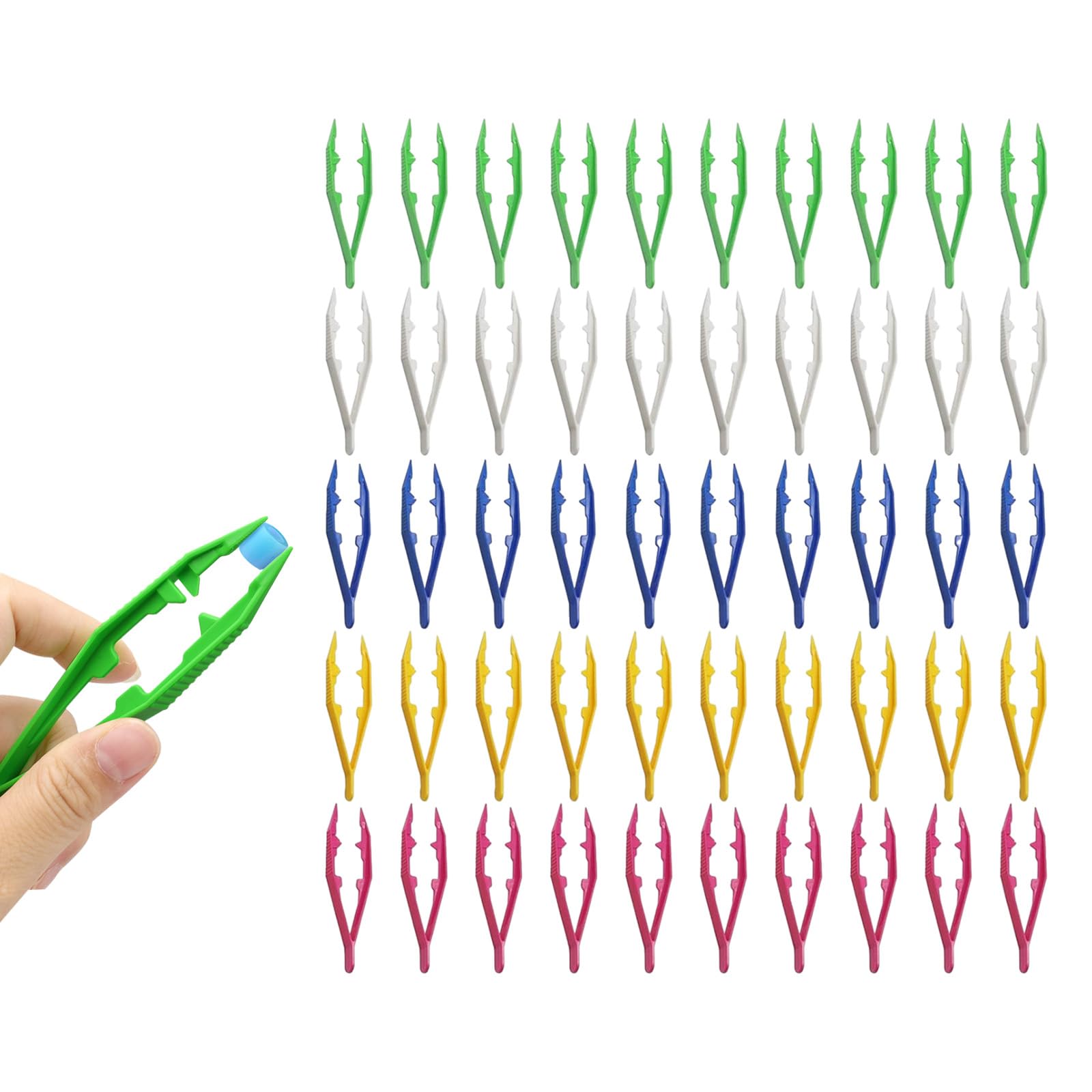 50 Pcs Plastic Tweezers, 4.33 Inch/11cm Plastic Beads Tweezer First Aid Tweezers, Re-Usable Plastic Tweezers, for Fuse Beads Jewelry Making Handmade DIY Crafts (5 Colors)