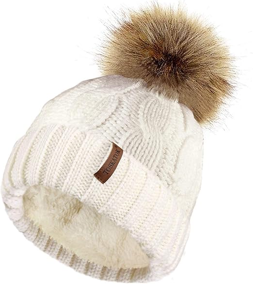 cream fur bobble hat