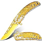 Vividstill Pocket Knife for Men, Cool Folding Knife With 3D Golden Dragon Embossed Relief, Great Gift Edc Knife For Men Outdoor Survival Camping…