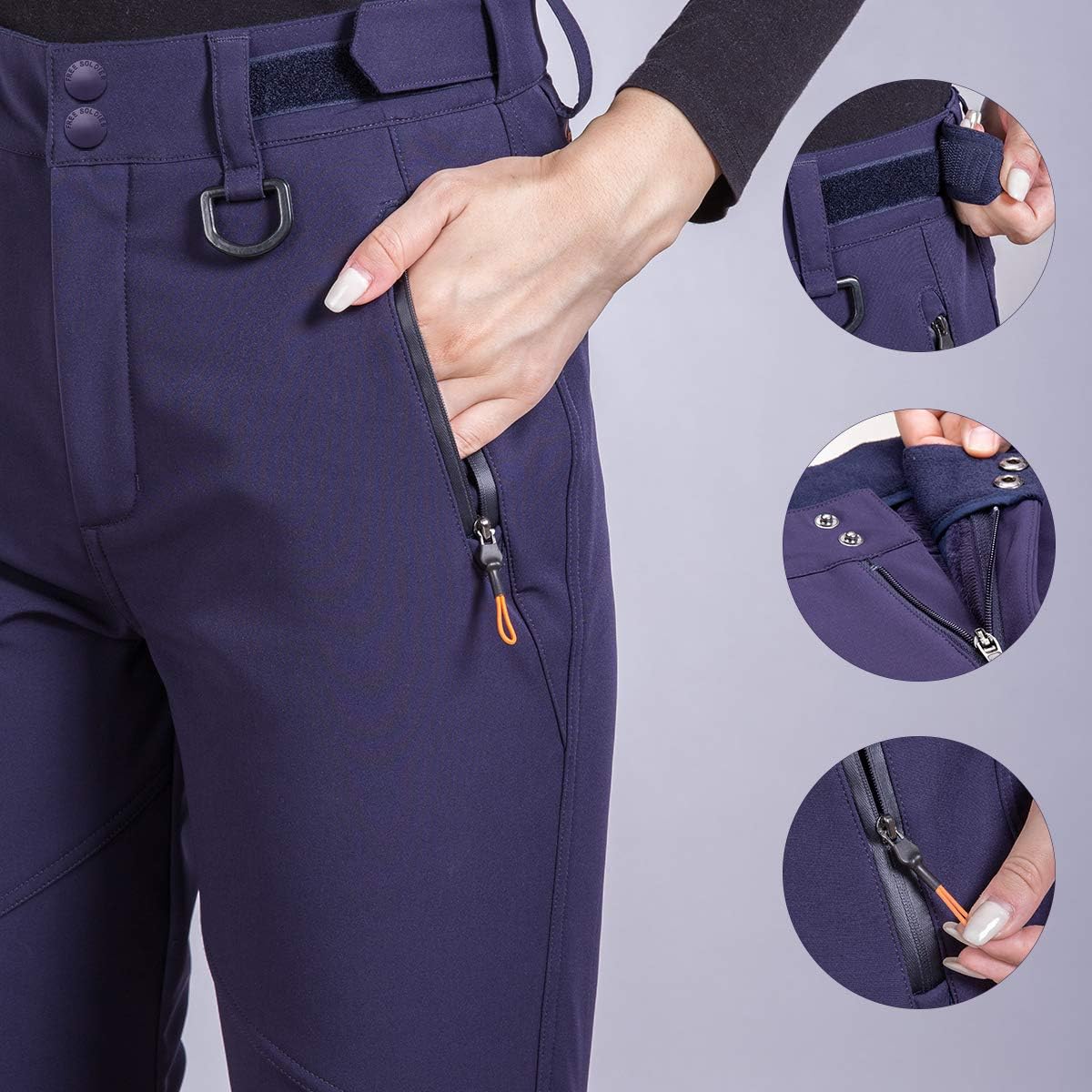 FREE SOLDIER Outdoor Women's Snow Ski Pants Soft Shell Fleece Lined Pants Water Resistant Camping Hiking Nylon Pants : Clothing