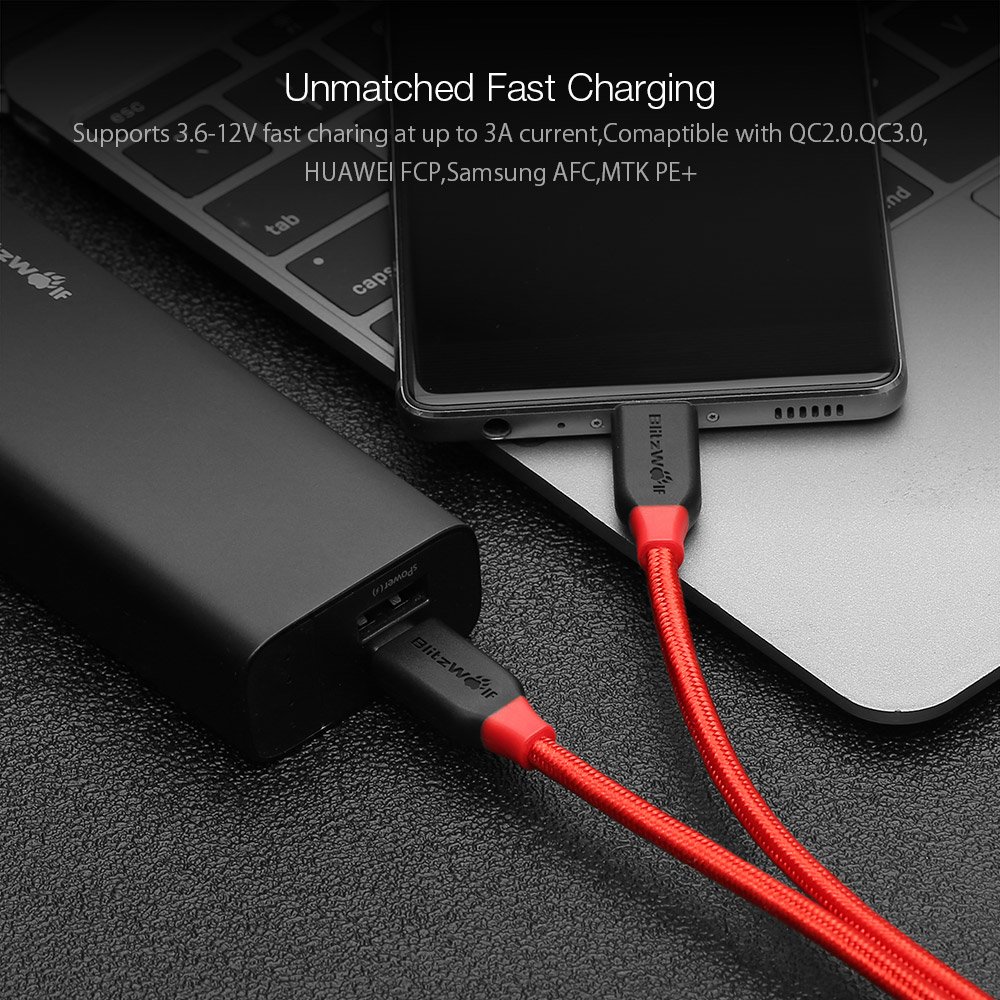 USB Tipo C-C Cable Nylon, BlitzWolf 1M 3A Cable USB-C a USB-C Cable C a C Cargador de Carga y Sincronización Trenzado con Correa de Cinta Mágica para New MacBook, Google ChromeBook Pixel, Nintendo Switch, Nexus 5X, Nexus 6P, OnePlus 2, LG G